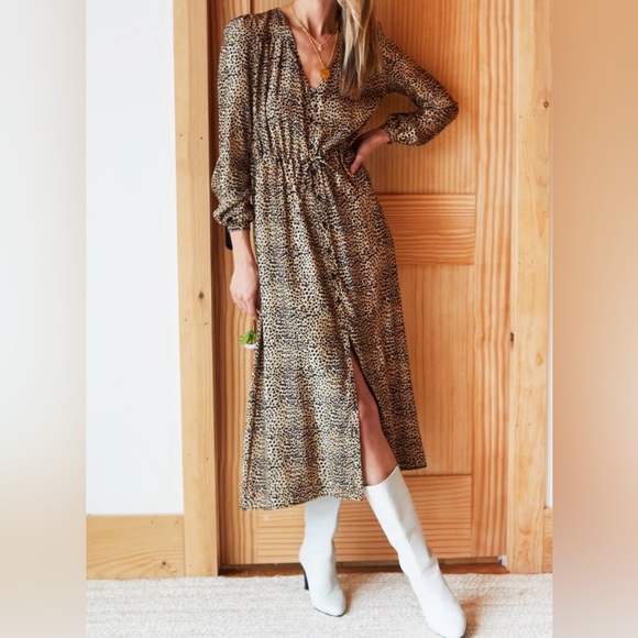 Emerson Fry May Dress Little Cheetah 100% Silk Midi Dress Long Sleeve Medium M - Picture 2 of 15